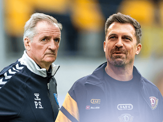 Dynamo Dresden Trainer Thomas Stamm und Magdeburg Trainer Petrik Sander.