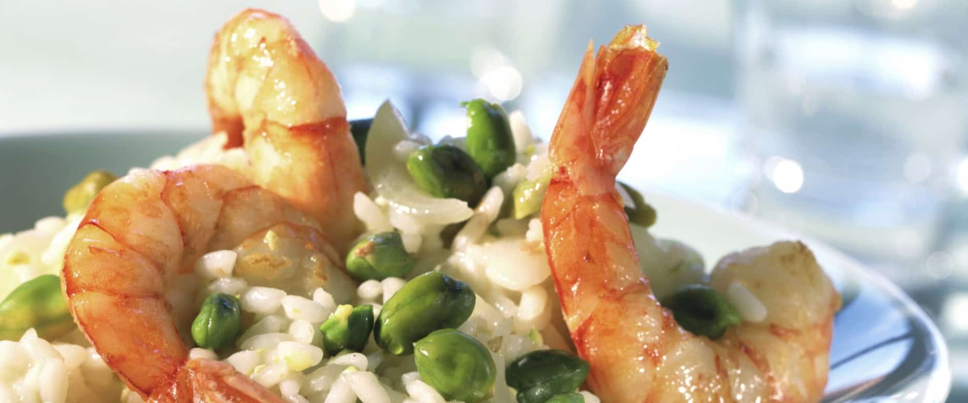 Fertiges Gericht Pistazien-Risotto mit saftigen Garnelen angerichtet auf einem Teller