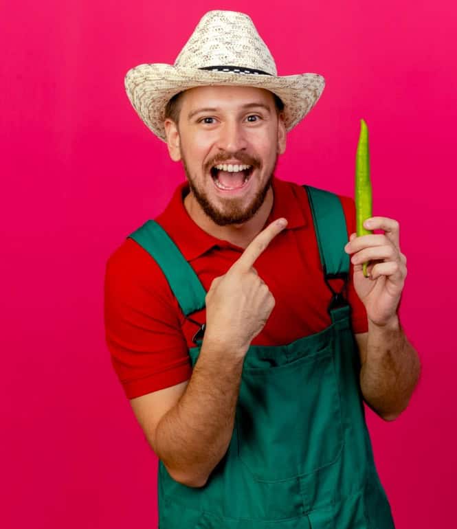 Mann mit Strohhut hält grüne Chili in der Hand und zeigt darauf – Symbolbild für Freude an eigener Ernte