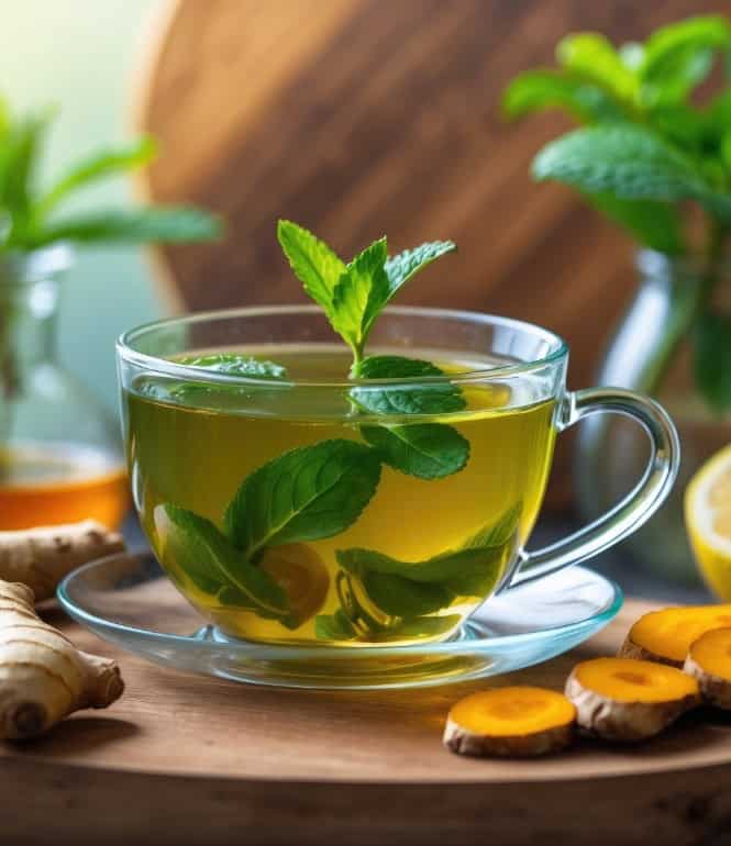 Eine Tasse Kräutertee mit frischer Minze, Ingwer, Kurkuma und Zitrone auf einem Holzbrett – natürliche Hausmittel gegen Magen- und Darmbeschwerden.