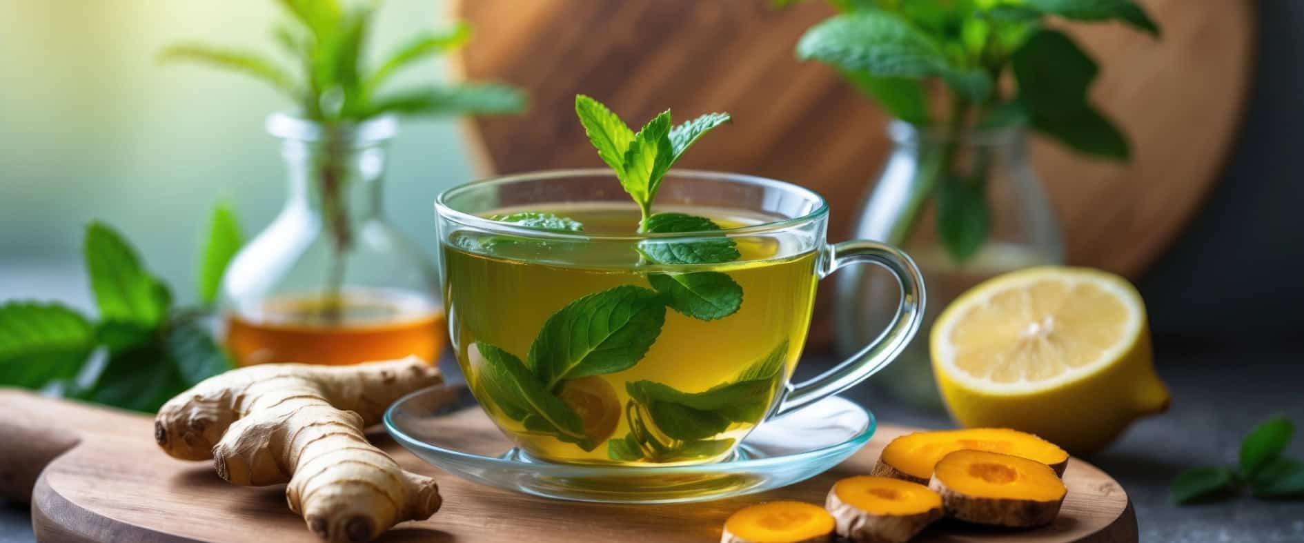 Eine Tasse Kräutertee mit frischer Minze, Ingwer, Kurkuma und Zitrone auf einem Holzbrett – natürliche Hausmittel gegen Magen- und Darmbeschwerden.