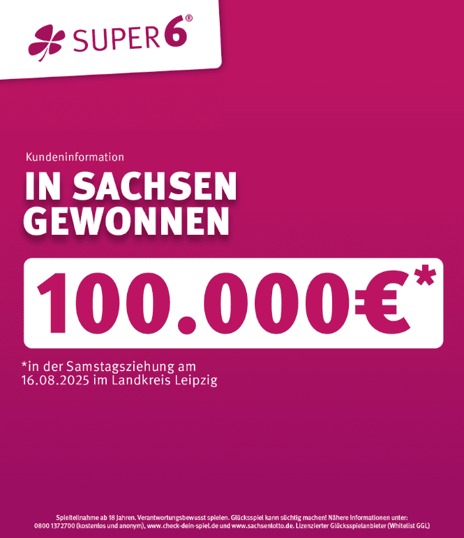 Bild zu 100.000 Euro bei SUPER 6: Glückspilz aus dem Landkreis Leipzig räumt Höchstgewinn ab