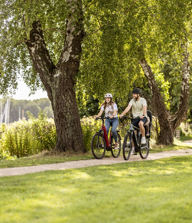 Zwei Radfahrende unterwegs auf einem Radwanderweg in Schleswig-Holstein, umgeben von Natur.