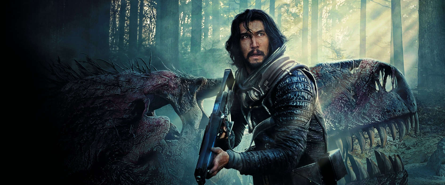 Adam Driver als Astronaut Mills im Sci-Fi-Survivalthriller „65“, bewaffnet im Kampf ums Überleben in der Kreidezeit, mit Dinosaurierskelett im Hintergrund.