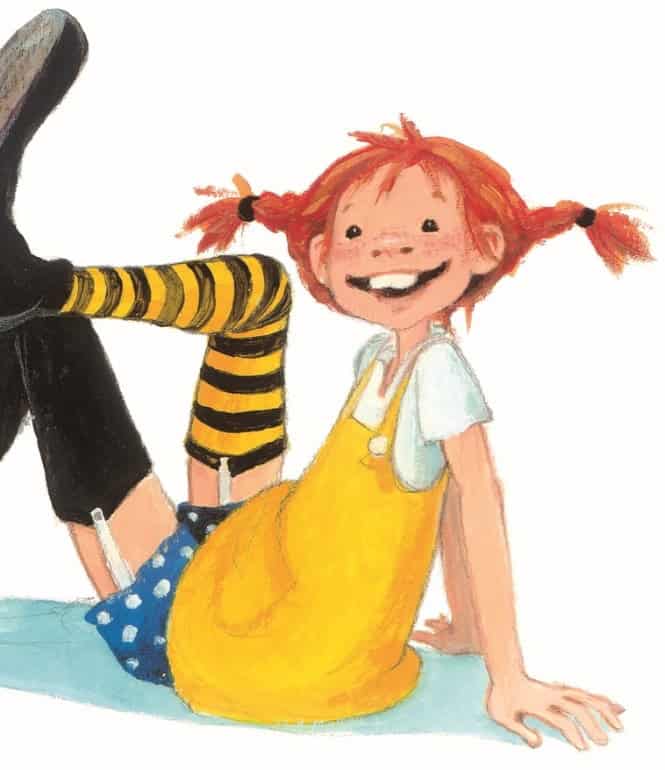 Illustration von Pippi Langstrumpf mit roten Zöpfen, Sommersprossen und farbenfroher Kleidung, gezeichnet von Katrin Engelking.