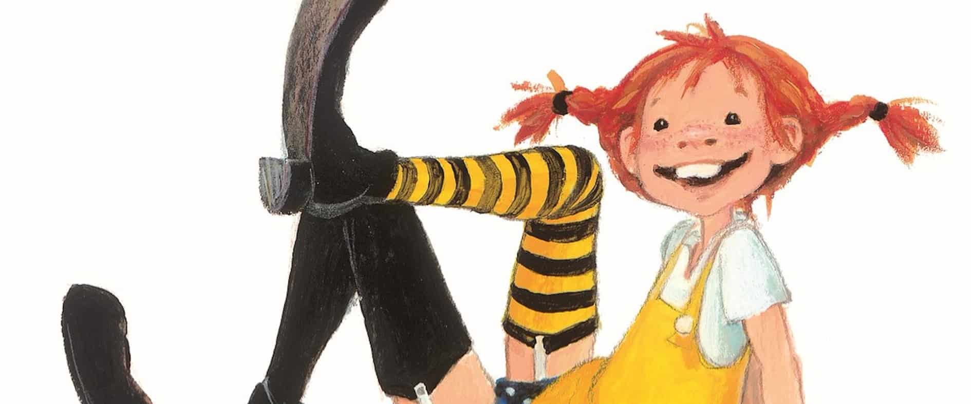 Illustration von Pippi Langstrumpf mit roten Zöpfen, Sommersprossen und farbenfroher Kleidung, gezeichnet von Katrin Engelking.
