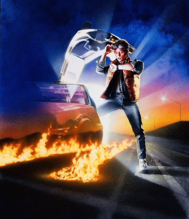 Filmplakat mit DeLorean und Hauptfigur vor brennender Reifenspur bei Nacht.