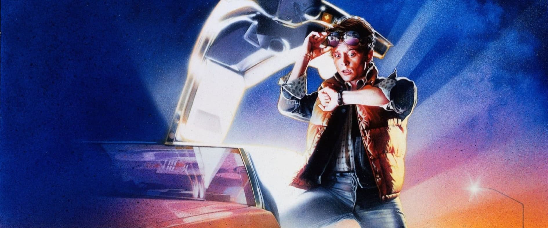Filmplakat mit DeLorean und Hauptfigur vor brennender Reifenspur bei Nacht.