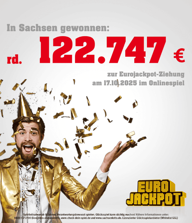 Mann im goldenen Anzug jubelt unter Konfetti, dazu Text: „In Sachsen gewonnen: rd. 122.747 € zur Eurojackpot-Ziehung am 17.10.2025 im Onlinespiel“