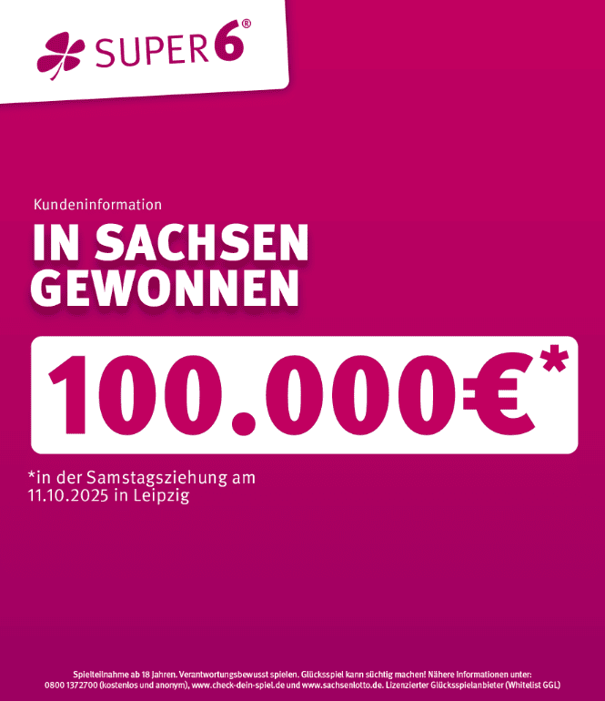 Gewinnergrafik von Sachsenlotto: 100.000 Euro bei SUPER 6 in Sachsen gewonnen – Ziehung am 11.10.2025 in Leipzig