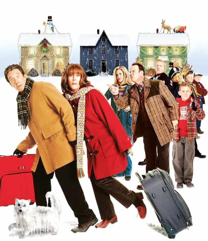 Filmszene aus „Verrückte Weihnachten“ mit den Kranks und ihren Nachbarn in winterlicher Kulisse.