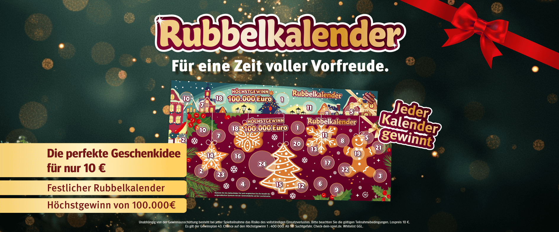 Rubbelkalender von Sachsenlotto als festliche Geschenkidee mit Gewinnchance bis 100.000 €. Jeder Kalender gewinnt, erhältlich für 10 €.
