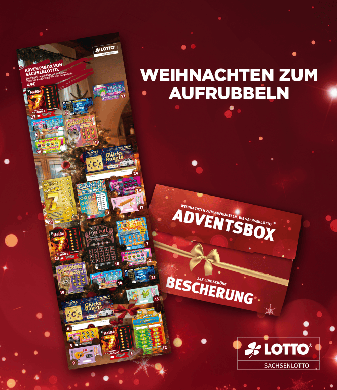 Sachsenlotto Adventsbox mit 24 Rubbellosen als Adventskalender vor weihnachtlichem Hintergrund