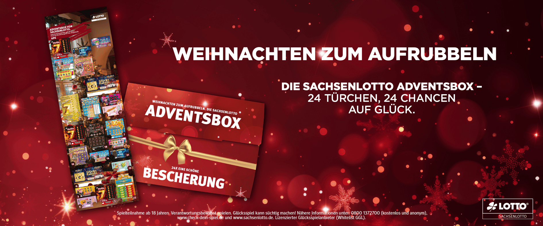 Sachsenlotto Adventsbox mit 24 Rubbellosen als Adventskalender vor weihnachtlichem Hintergrund