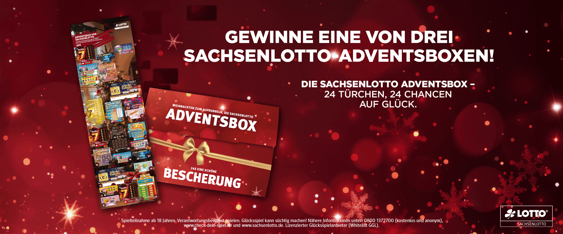 Sachsenlotto Adventsbox mit 24 verschiedenen Rubbellosen vor weihnachtlichem Hintergrund – jetzt eine von drei Boxen gewinnen.