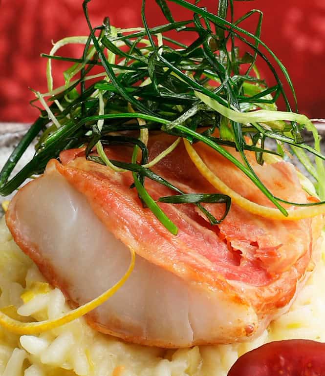 Kabeljau-Saltimbocca im Pancetta-Mantel auf cremigem Lauchrisotto, garniert mit frittiertem Lauch und Zitronenzesten, dazu Portweinfeigen auf einem festlich angerichteten Teller.