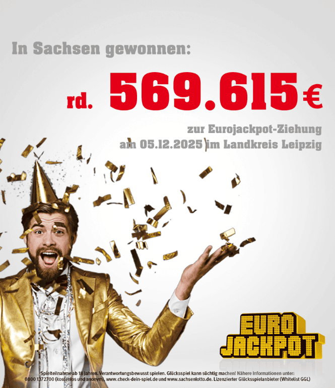 Ein Mann in goldener Kleidung feiert mit Konfetti einen Gewinn von rund 569.615 Euro bei der Eurojackpot-Ziehung am 5.12.2025 im Landkreis Leipzig.