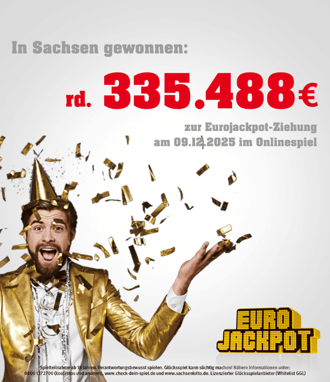Ein jubelnder Mann in goldener Kleidung mit Konfetti. Text: In Sachsen gewonnen – rund 335.488 Euro bei der Eurojackpot-Ziehung am 9.12.2025 im Onlinespiel.