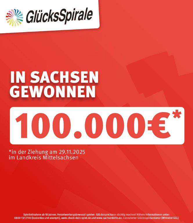 GlücksSpirale-Gewinn von 100.000 Euro in Sachsen – Ziehung am 29.11.2025, Landkreis Mittelsachsen