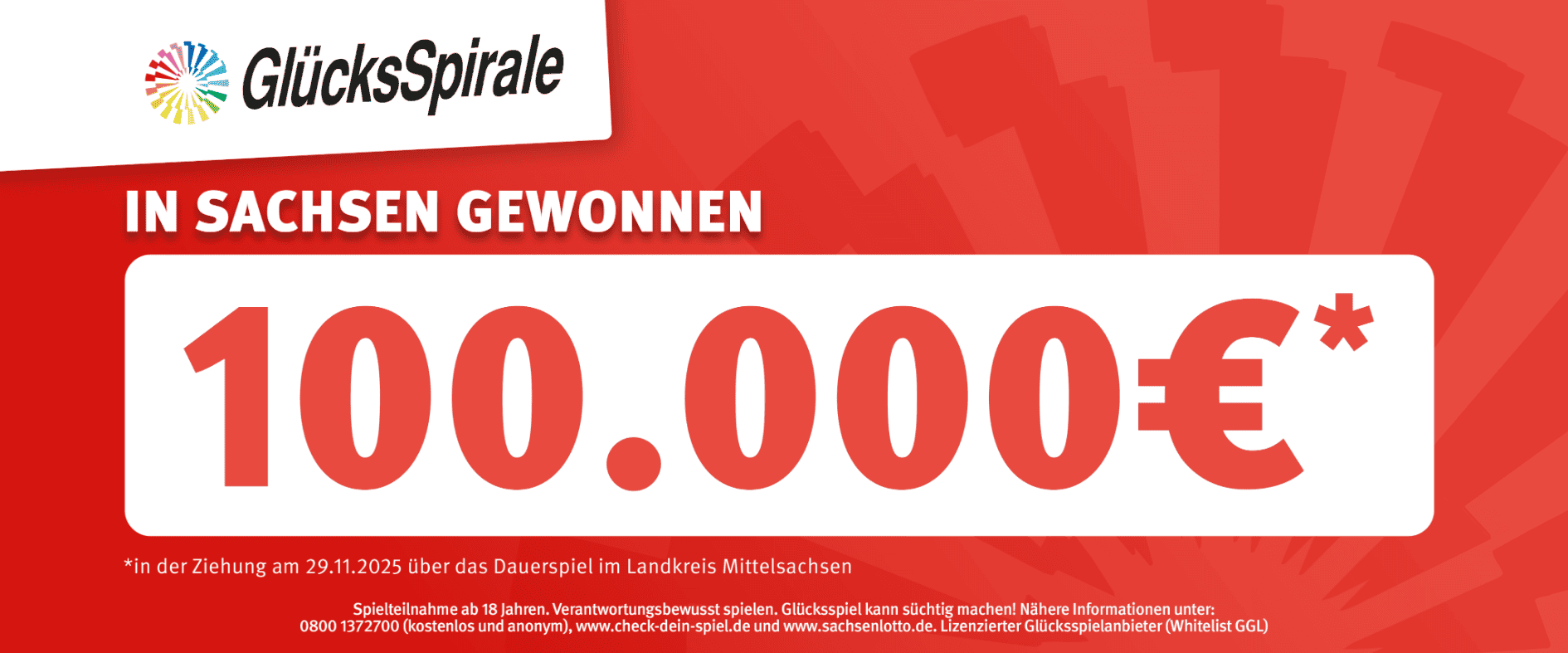 GlücksSpirale-Gewinn von 100.000 Euro in Sachsen – Ziehung am 29.11.2025, Landkreis Mittelsachsen