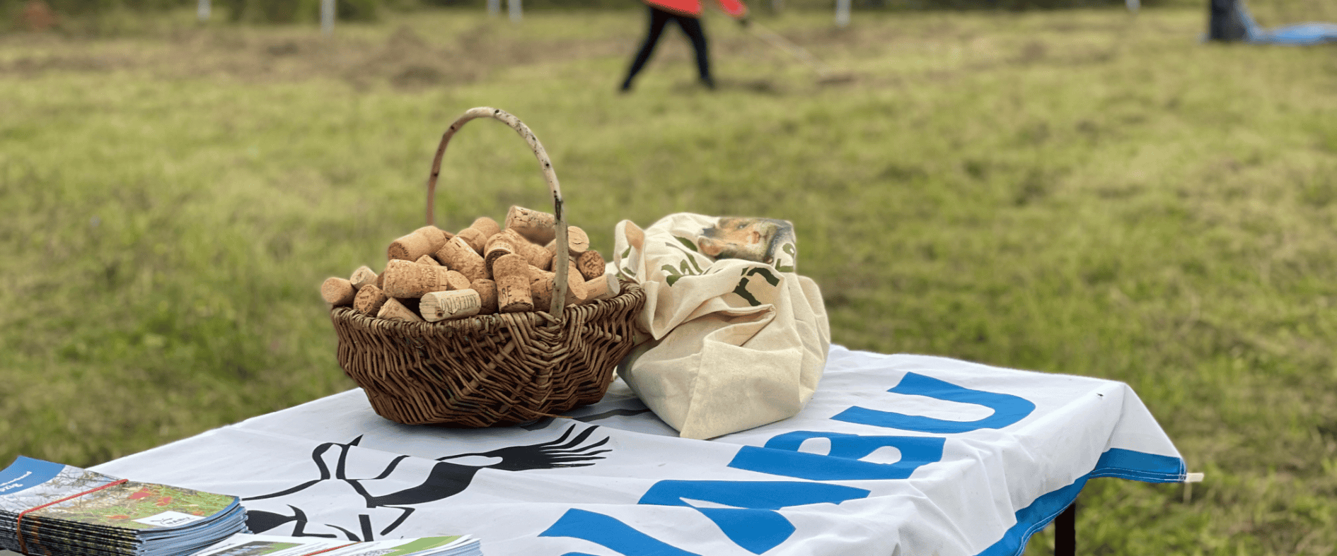 Korb mit gesammelten Weinkorken auf NABU-Tisch bei der Wiesenmahd