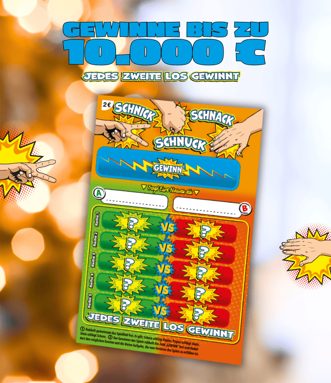 Rubbellos Schnick-Schnack-Schnuck von Sachsenlotto mit Comic-Design und bis zu 10.000 € Gewinnchance