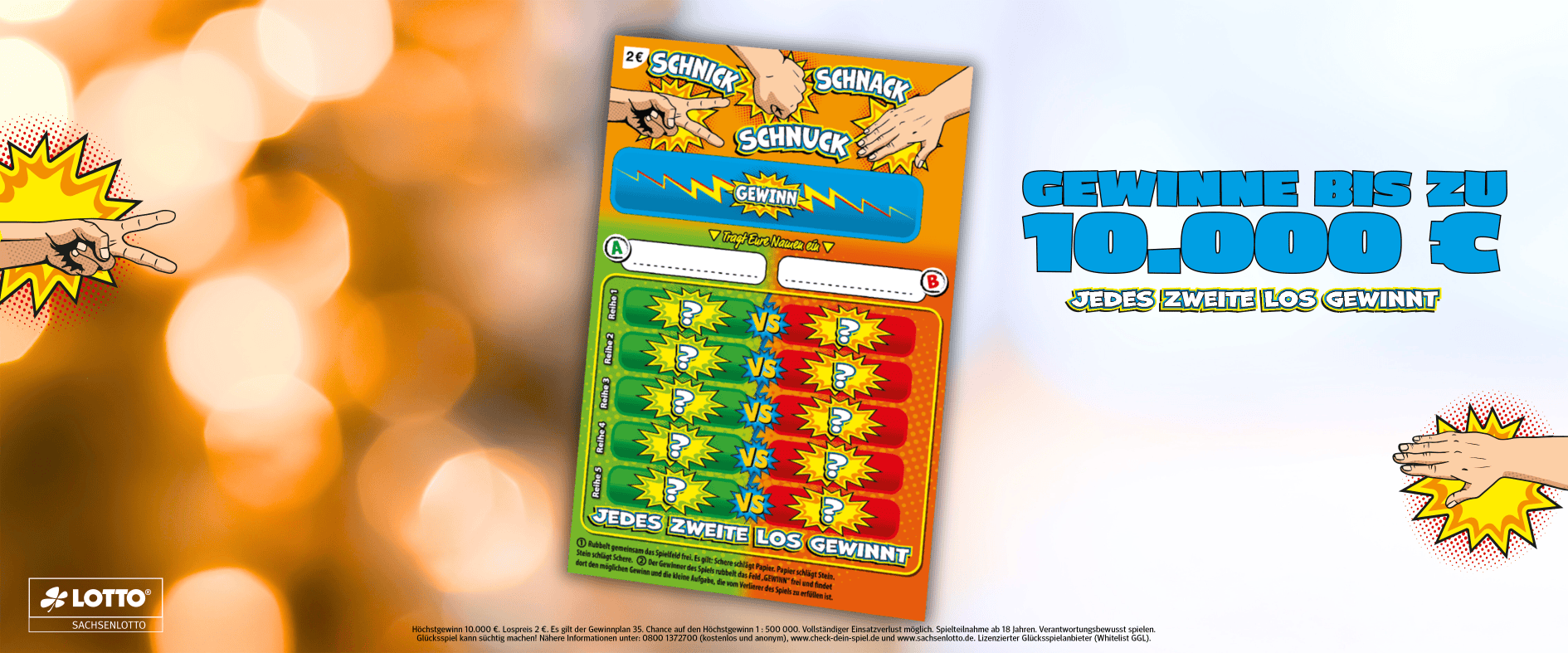 Rubbellos Schnick-Schnack-Schnuck von Sachsenlotto mit Comic-Design und bis zu 10.000 € Gewinnchance