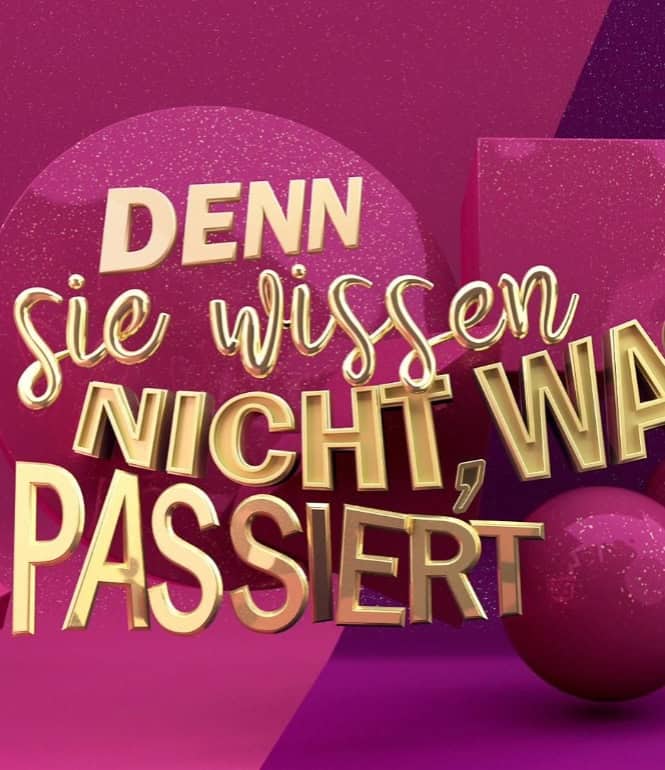 Logo der RTL-Show „Denn sie wissen nicht, was passiert“ vor pink-violettem Hintergrund.