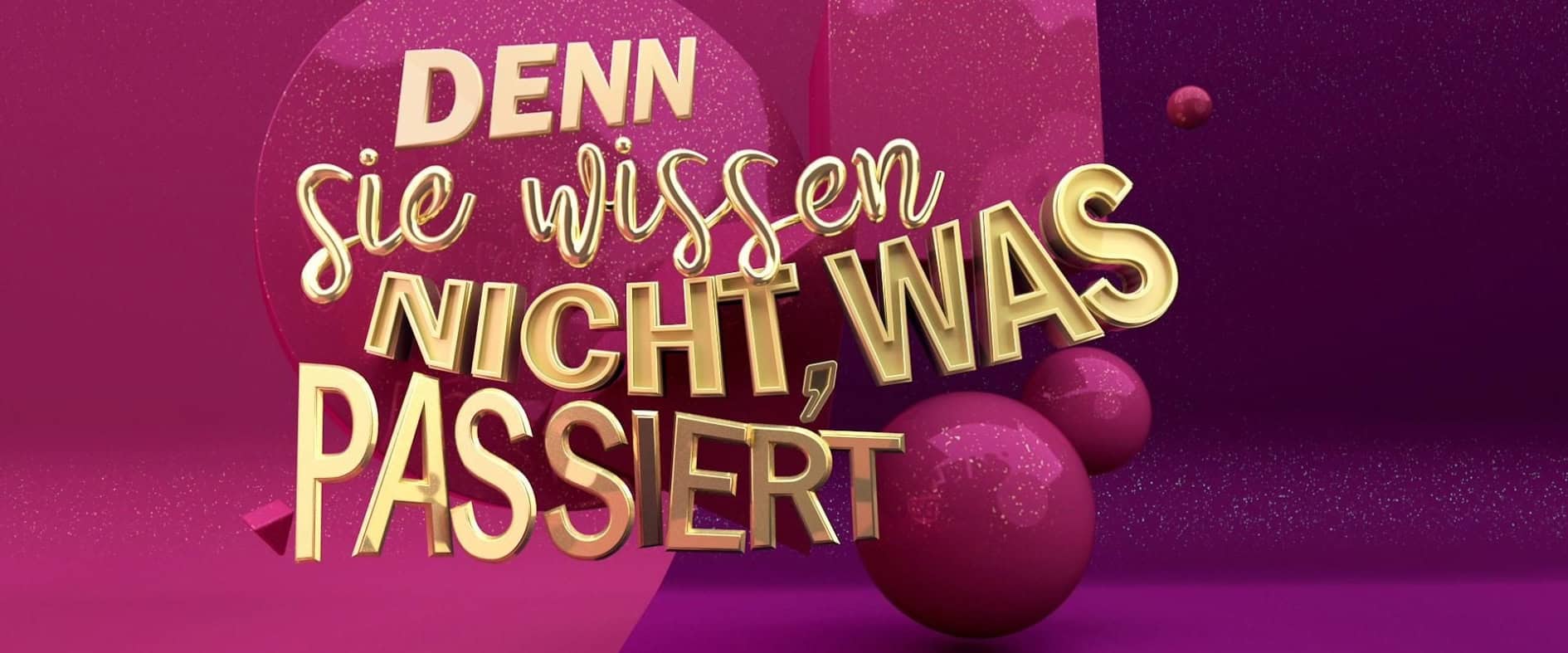 Logo der RTL-Show „Denn sie wissen nicht, was passiert“ vor pink-violettem Hintergrund.