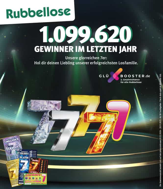 Plakatmotiv der Sachsenlotto-Rubbellose: Über 1.099.620 Gewinner im letzten Jahr. Darstellung der 7er-Familie mit stilisierten Siebener-Zahlen und den Rubbellosen Diamant 7, Platin 7, Goldene 7, Heiße 7 und Funny 7.