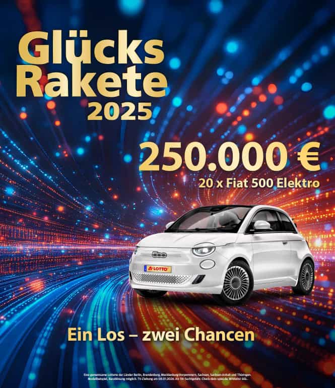 Werbemotiv zur Glücksrakete 2025 von Sachsenlotto mit Fiat 500 Elektro und 250.000 € Hauptgewinn