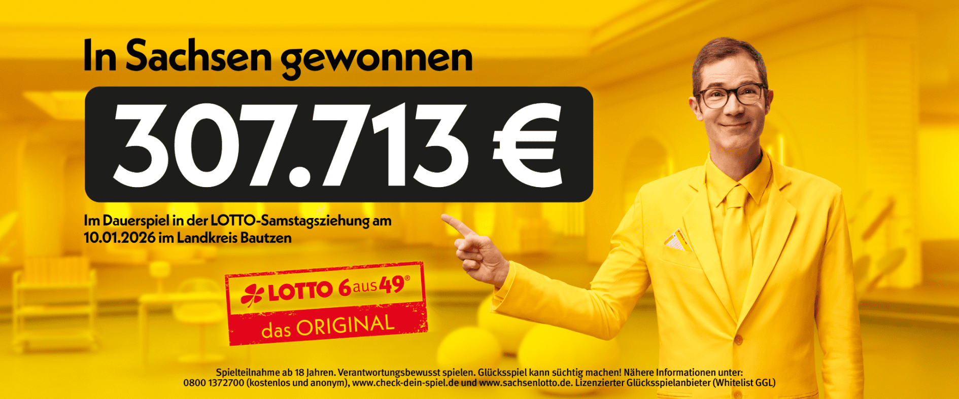 Lottogewinn von 307.713 Euro in Sachsen bei LOTTO 6aus49 im Landkreis Bautzen am 10. Januar 2026.