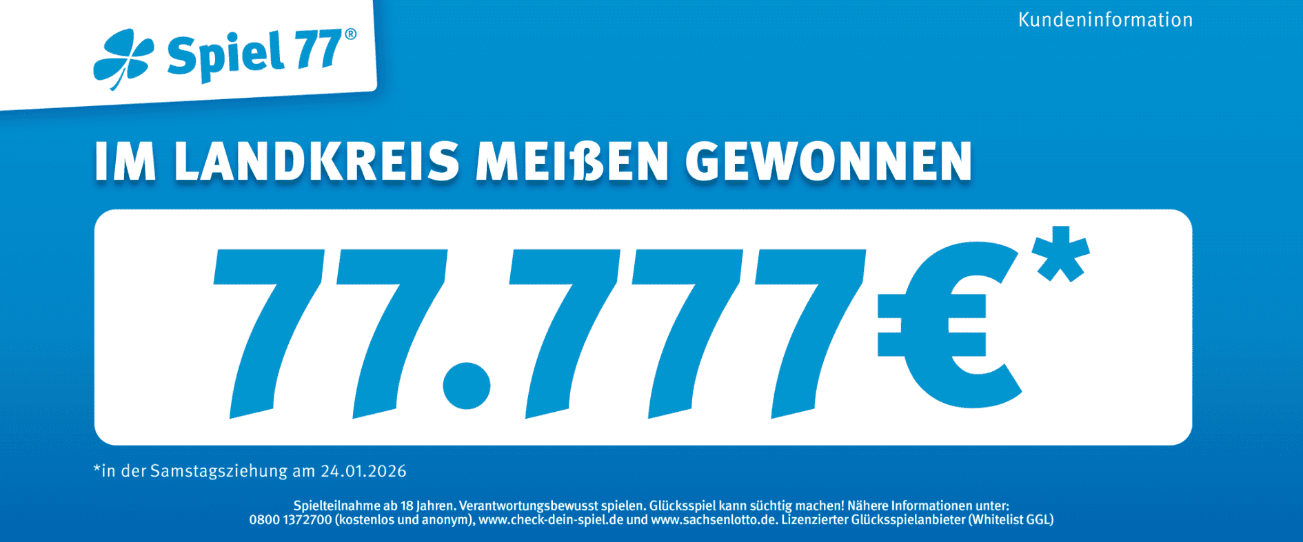 Gewinnergrafik Spiel 77: 77.777 Euro im Landkreis Meißen gewonnen – Ziehung vom 24.01.2026