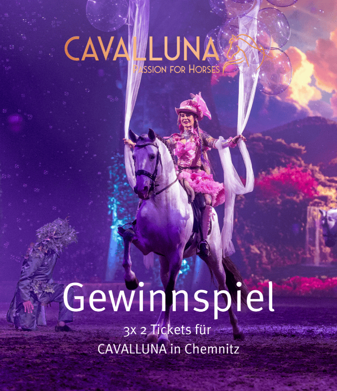 Reiterin in fantasievollem Kostüm auf weißem Pferd bei der Pferdeshow CAVALLUNA – Tor zur Anderswelt in Chemnitz