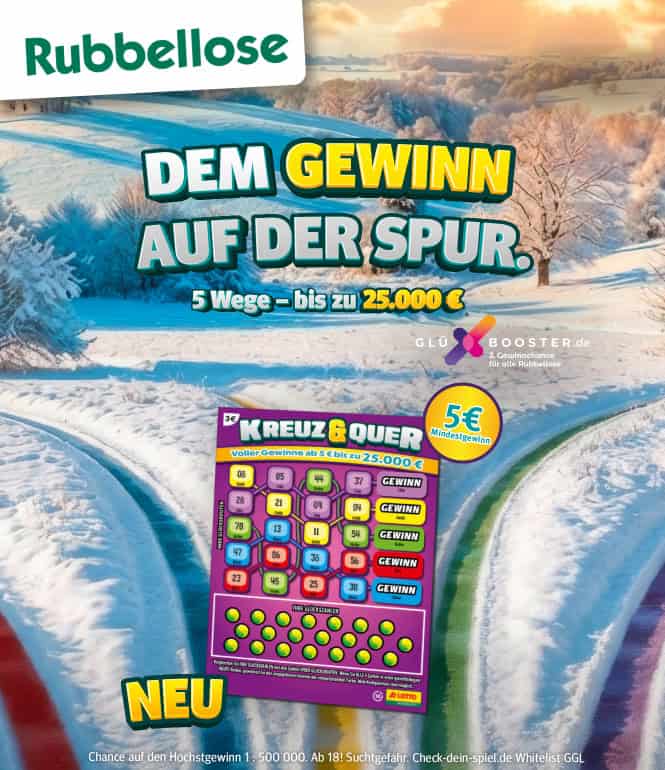 Rubbellos Kreuz & Quer mit farbigen Routen, Glückszahlen und Hinweis auf Gewinne bis zu 25.000 Euro sowie GlüXBooster-Extrachance