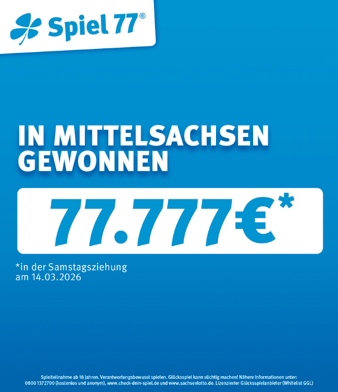 Spiel 77 Gewinn Sachsen: 77.777 Euro in Mittelsachsen bei Ziehung am 14.03.2026 gewonnen