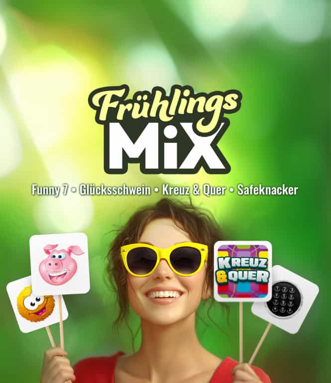Sachsenlotto Frühlings-Mix mit vier Rubbellosen: Funny 7, Glücksschwein, Kreuz & Quer und Safeknacker, präsentiert von einer Frau mit gelber Sonnenbrille vor grünem Frühlingshintergrund.