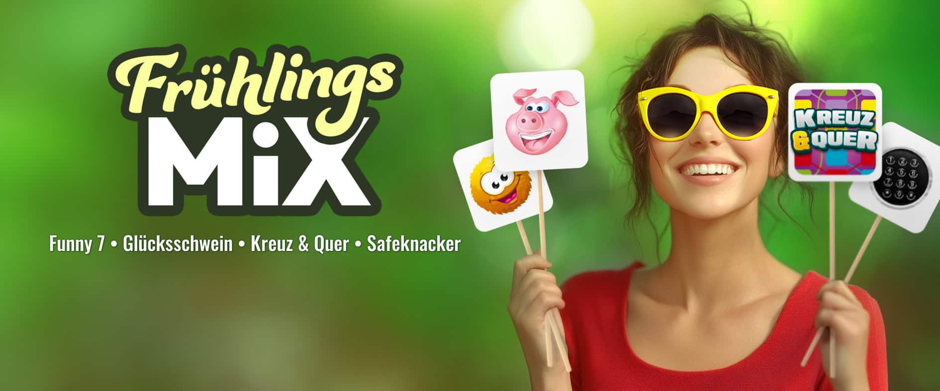 Sachsenlotto Frühlings-Mix mit vier Rubbellosen: Funny 7, Glücksschwein, Kreuz & Quer und Safeknacker, präsentiert von einer Frau mit gelber Sonnenbrille vor grünem Frühlingshintergrund.