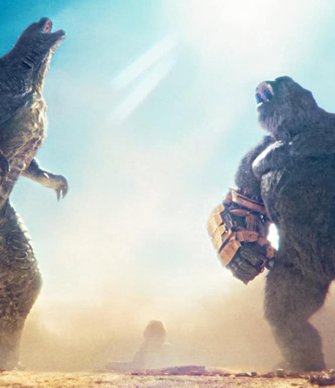 Godzilla und Kong stehen sich gegenüber, bereit für den epischen Kampf in „Godzilla x Kong: The New Empire".