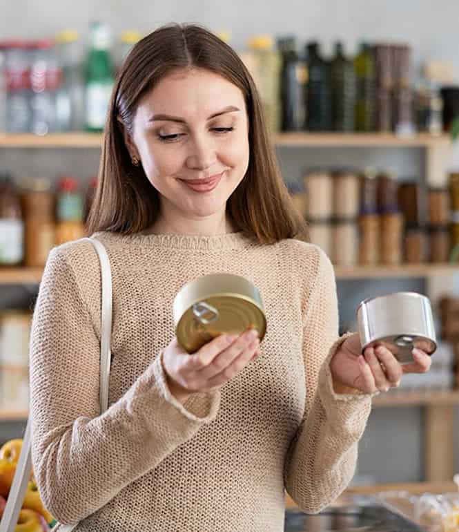 ine lächelnde Frau hält zwei Konservendosen in den Händen und betrachtet diese neugierig in einem gut sortierten Feinkostladen.