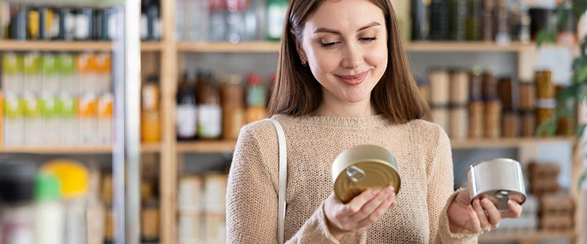 ine lächelnde Frau hält zwei Konservendosen in den Händen und betrachtet diese neugierig in einem gut sortierten Feinkostladen.