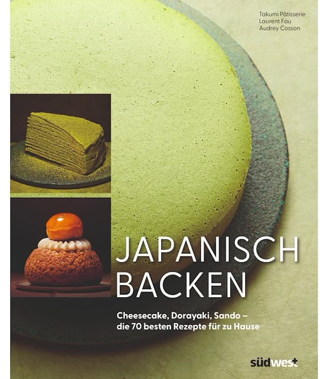 Buchcover „Japanisch Backen“ mit grünem Matcha-Kuchen, Desserts und Rezepten für Cheesecake, Dorayaki und Sando.