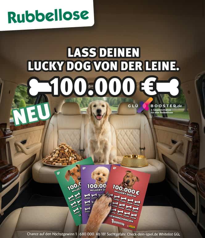 Lucky Dog Rubbellos mit Hund im Auto und Gewinnchance bis zu 100.000 € sowie GlüXBooster Zweitchance