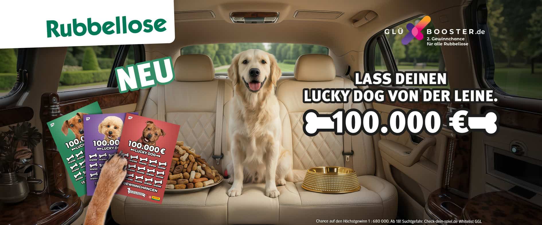 Lucky Dog Rubbellos mit Hund im Auto und Gewinnchance bis zu 100.000 € sowie GlüXBooster Zweitchance