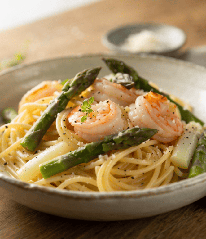 Spaghetti mit grünem Spargel und Garnelen in einer Schüssel, garniert mit Thymian.