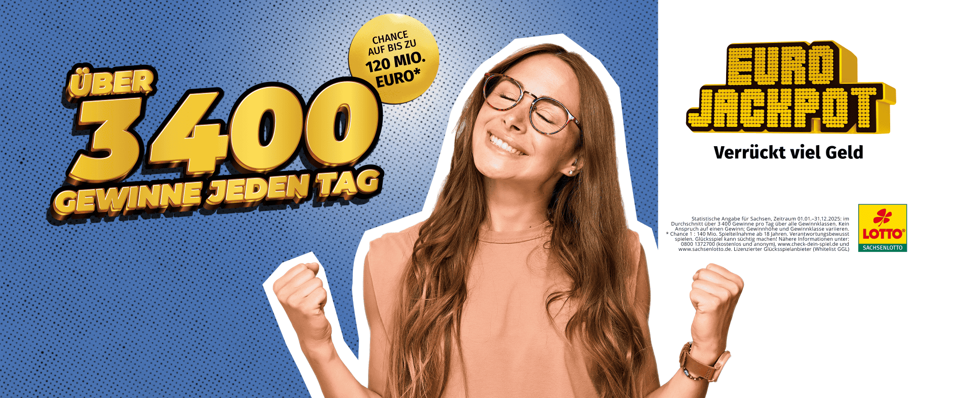 Frau freut sich über Gewinn, daneben Schriftzug „Über 3400 Gewinne jeden Tag“ und Eurojackpot-Logo mit Hinweis auf bis zu 120 Mio. Euro Gewinnchance