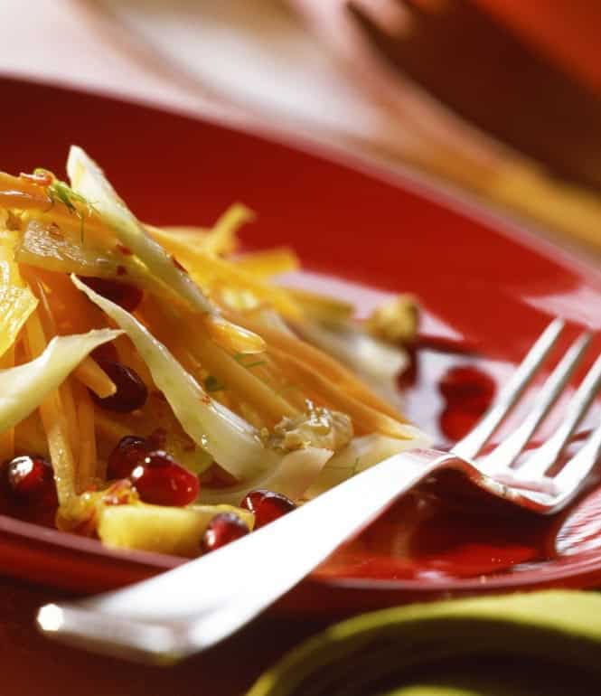 Fenchel-Ananas-Möhren-Salat mit Granatapfelkernen und Fenchelgrün auf einem roten Teller.