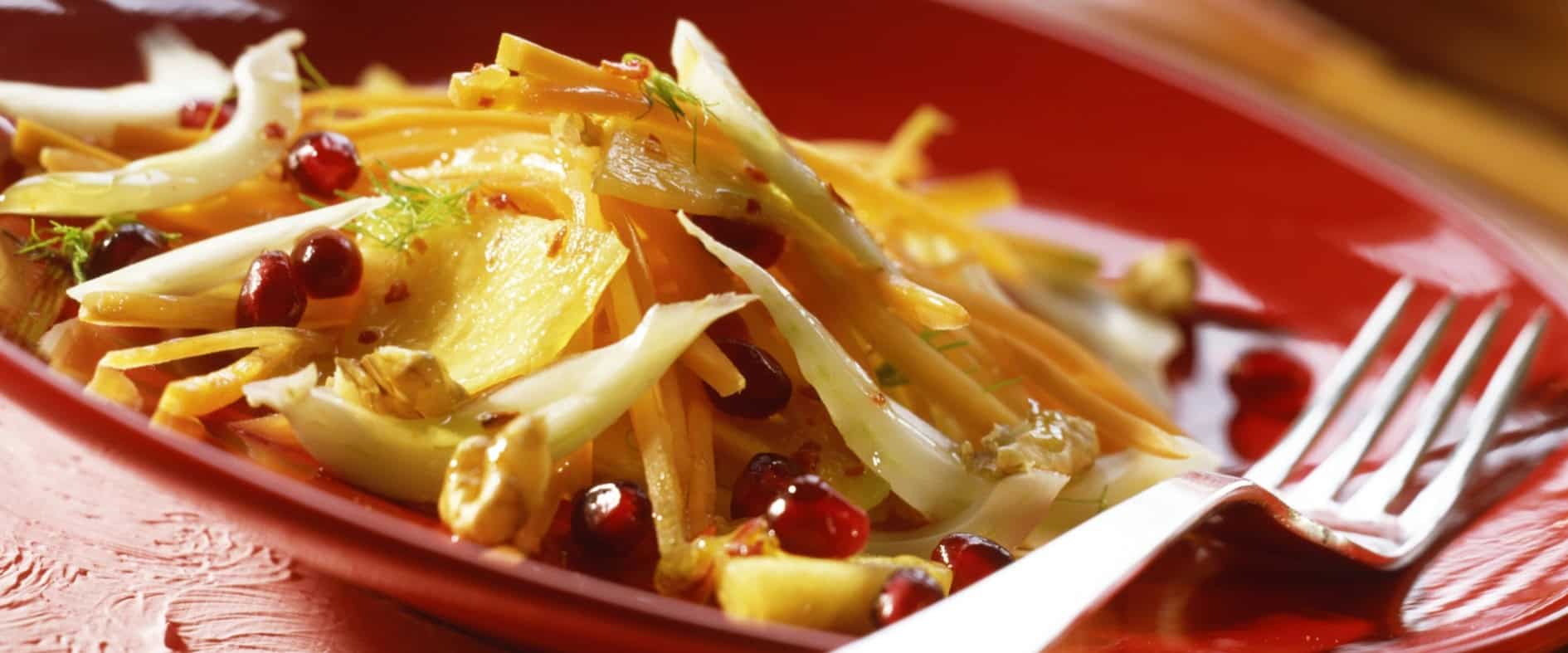 Fenchel-Ananas-Möhren-Salat mit Granatapfelkernen und Fenchelgrün auf einem roten Teller.