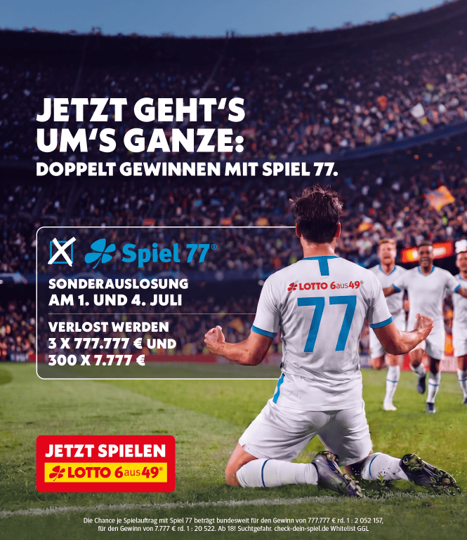 Spiel 77-Sonderauslosung am 1. und 4. Juli mit Fußballmotiv und Gewinnen von 777.777 € sowie 7.777 €.