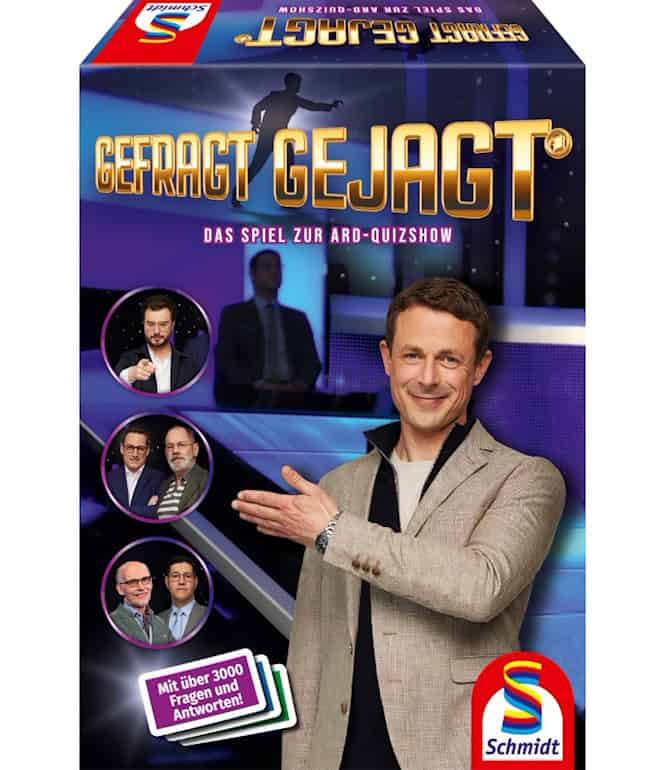Gefragt Gejagt – Das Brettspiel zur ARD-Quizshow. Moderator und Kandidaten in einem dynamischen Spielsetting. Verlag: Schmidt Spiele.